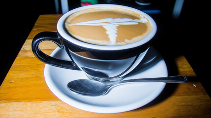 Obraz premium cup of cappuccino with latte art on wooden table