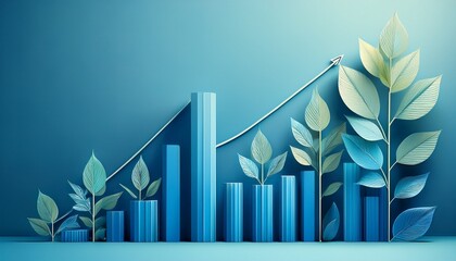 ascending blue bar graph with stylized foliage suggesting growth and sustainability