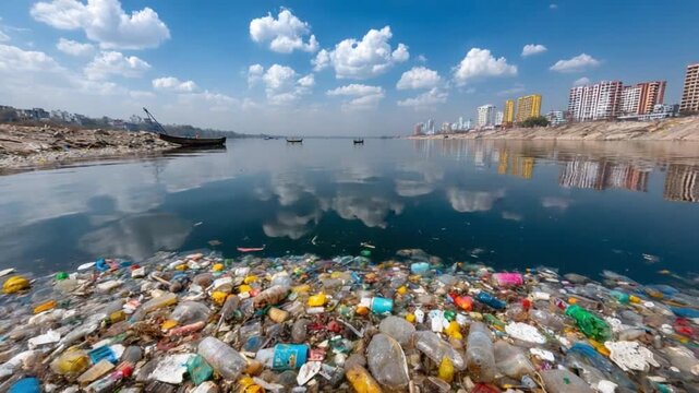 Polluted River: A visual commentary on environmental negligence, highlighting the stark contrast between the serene sky and the polluted river, reflecting the degradation of natural resources. 