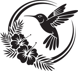 Hummingbird and hibiscus flowers in a circular frame silhouette isolated on white background