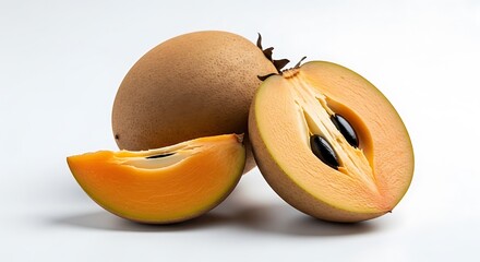 Whole and sliced sapodilla fruit on a white background