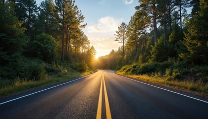 Fototapeta premium Serene rural landscape with winding road, green trees, clear blue sky with wispy clouds. Soft natural light creates tranquil peaceful atmosphere. Morning sunrise over forest, road stretching into