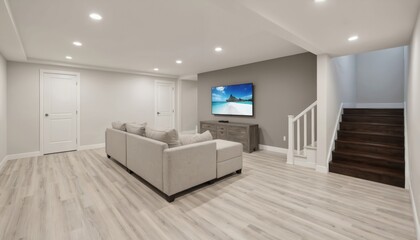 Finished basement with couch, stairs, and TV. Home interior design of modern living space, light flooring, wood, recessed lighting, comfortable relaxing zone, luxury decor style, real estate.
