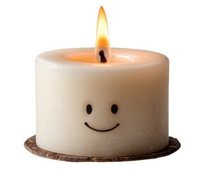 White candle with smiling face and happy flame, round wax object on cork base, cheerful and warm atmosphere, isolated on transparency background
