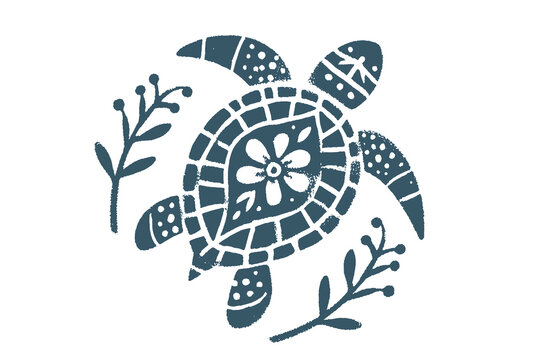 Sea turtle with floral shell folk art silhouette vector illustration