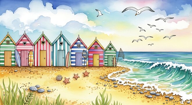 Watercolor Beach Huts with Surfboards, Starfish, and Seagulls on a Sunny Day