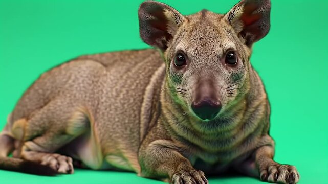 Captivating small mammal with unique features and large ears, lying gracefully on a vibrant green studio background, showcasing its distinctive app...