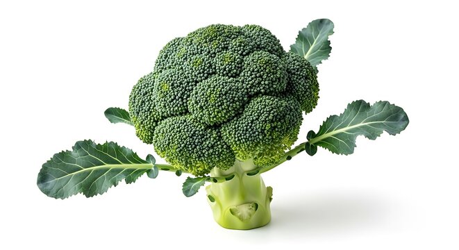 Fresh green broccoli crown with leaves on white background