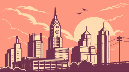 Philadelphia skyline vector art deco cityscape illustration suitable for prints, posters, websites, and promotional materials of the citys landmarks.