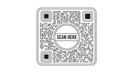 A simple black and white qr code with rounded corners and a scan here message in the center circle