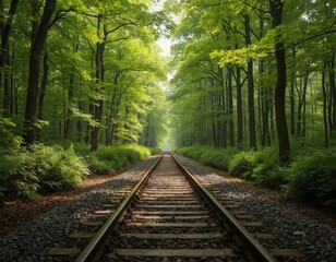 Obraz premium Railway track vanishing into dense green forest, inviting journey. Perspective shot suggests adventure, anticipation, and exploration. Path leads through lush nature, evoking travel and direction.
