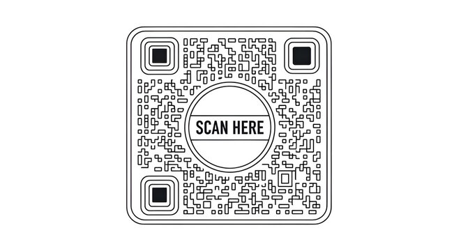 A simple black and white qr code with rounded corners and a scan here message in the center circle