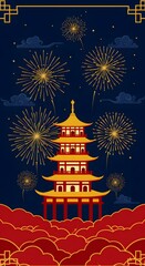 Fototapeta premium Chinese New Year Vibrant illustration of a traditional Asian pagoda at night with a spectacular fireworks display for a festive celebration.