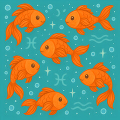 Fototapeta premium A charming pattern of six cute smiling orange goldfish with a handpainted texture.