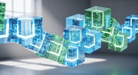 Futuristic Blockchain of Luminous Blue and Green Cubes Floating in a Sunlit Room