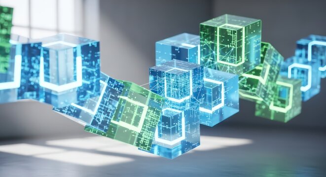 Futuristic Blockchain of Luminous Blue and Green Cubes Floating in a Sunlit Room