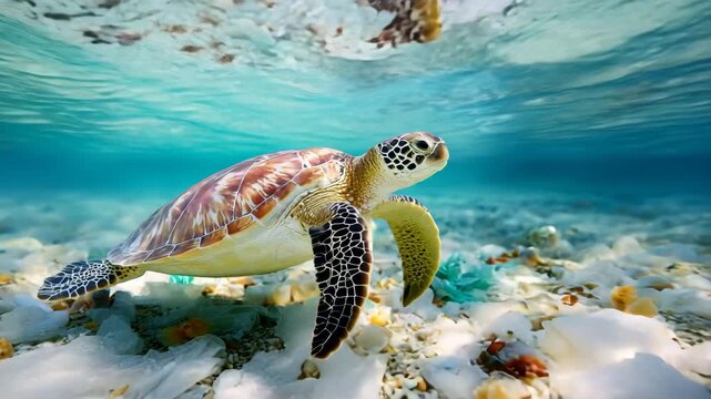 Cinematic underwater shot of a sea turtle swimming slowly through polluted ocean waters, emotional and expressive footage highlighting marine life, plastic debris, and environmental impact.

