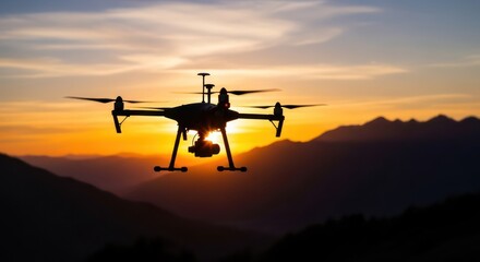 Golden Hour Flight: Drone Silhouette Against a Fiery Mountain Sunset