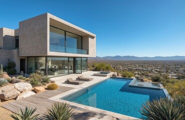 Fototapeta premium Geometric concrete home with swimming pool overlooking desert cityscape. Modern architecture, exterior design, luxury real estate property, contemporary building with blue sky, cacti in Arizona.