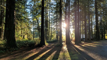 Obraz premium A sequoia forest with tall trees, where sunlight shines through the dense foliage, creating a striking lens flare effect that adds warmth and magic to the serene woodland scene.