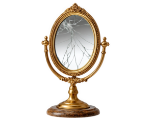 Shattered antique mirror with ornate gold frame, isolated on transparency background, vintage style, damaged glass, elegant decorative object, nostalgic and dramatic mood