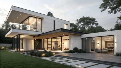 Obraz premium Modern Minimalist House Exterior at Golden Hour with Glass Facade and Manicured Garden