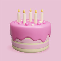 Pink Birthday cake with candles 3D render vector illustration.Cute light pink and yellow sweet cake dessert with burning candles, pink glaze and confetti bon bon candles. Happy birthday bakery.