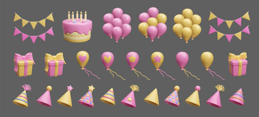 Big bundle of colorful pink and yellow Birthday party decorations isolated on dark. Birthday cake with candles, pennant flag garland, present gift box, triangle party hat, air balloons 3D icon set.