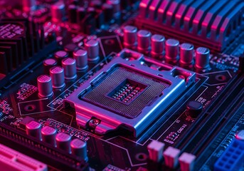 Closeup view of a computer processor on a circuit board with neon pink and blue lighting, highlighting technological detail and electronic components