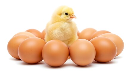 Fototapeta premium Adorable fluffy yellow chick surrounded by brown eggs on white background