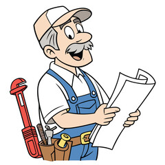 Cartoon Plumber Mascot Holding a Wrench and Toolbox Ready for Work and Plumbing Services with a Smile