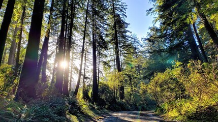 Obraz premium A sequoia forest with tall trees, where sunlight shines through the dense foliage, creating a striking lens flare effect that adds warmth and magic to the serene woodland scene.