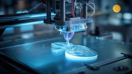 cutting-edge 3D printer creating a human kidney layer by layer, transparent bio-ink, medical robotics, futuristic healthcare concept