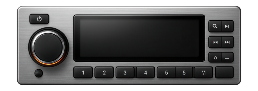 Single-DIN multimedia system with a monochrome display and physical buttons