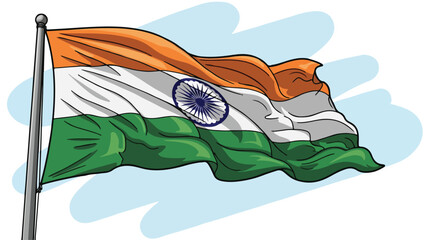 Hand-Drawn Style Waving Indian National Flag on a Flagpole
