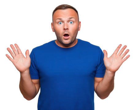 Surprised man blue shirt hands raised isolated transparency background emotional expression shock adult male casual clothing open mouth reaction studio portrait - Powered by Adobe