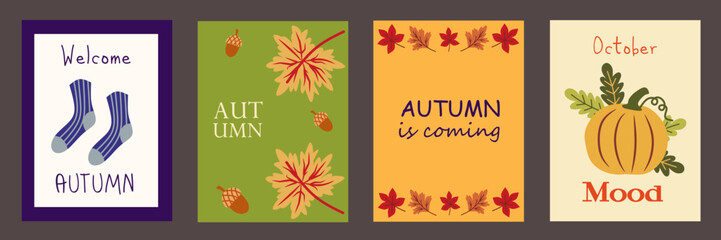 Autumn cards set. Beautiful autumn cards with colorful leaves, pumpkins for design and congratulations. Hello Autumn. Vector illustration for printing holiday invitations, covers, posters and banner.