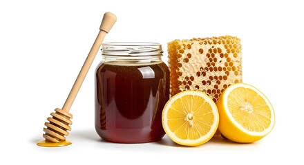 Natural honey jar with lemon slices and honeycomb