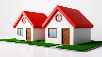 3D rendered suburban houses, red roofs, white walls, minimalist style