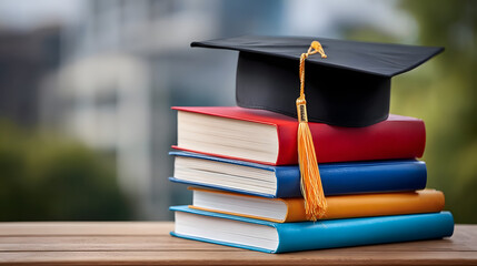 Colorful Stack of Books with Graduation Cap Academic Achievement Still Life. Ai Generated Images