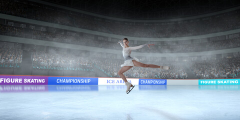 Figure skater girl skating on ice stadium.