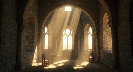 Ancient stone church interior with sunbeams and arched windows