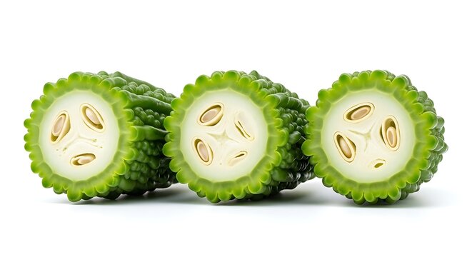 Three slices of fresh bitter melon on a white background