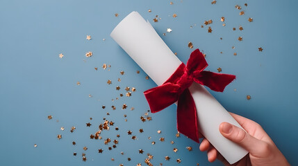 Elegant Rolled Diploma with Velvet Ribbon and Golden Stars Celebration Document. Ai Generated Images