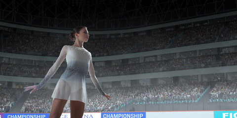 Figure skater girl skating on ice stadium.