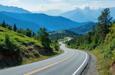 Fototapeta premium Scenic road winds through mountains. Green trees, blue sky. Path leads through picturesque countryside landscape. Ideal for travel, adventure, exploration. Serene environment, peaceful view. Summer