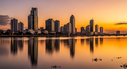 Fototapeta premium Golden Sunset over a Modern City Skyline with Reflections on the Water