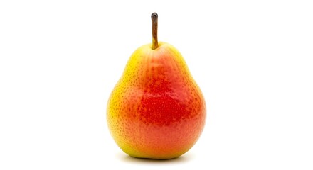 A single ripe red and yellow pear with a stem on a white background