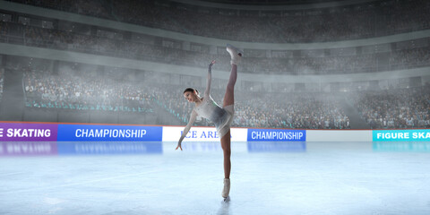 Figure skater girl skating on ice stadium.