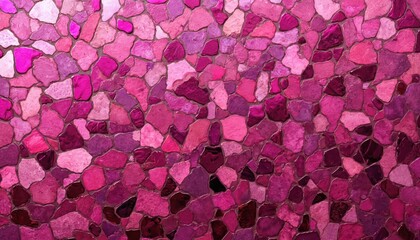 Illustration of wall with tile fragments of different sizes, shapes. Modern pink, magenta mosaic stone texture. Abstract grungy stone cladding pattern. Interior, exterior design material with light